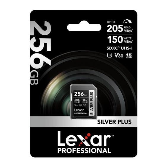 256GB Silver Plus SDXC UHS-I memory card, 205MB/s read, 150MB/s write