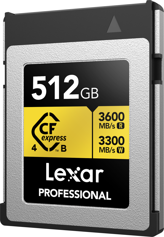 CFexpress Type B 512GB memory card with yellow CFexpress 4 panel and 3600/3300 speeds