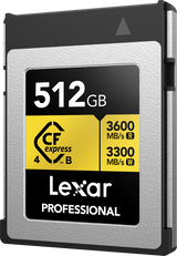 CFexpress Type B 512GB memory card with yellow CFexpress 4 panel and 3600/3300 speeds