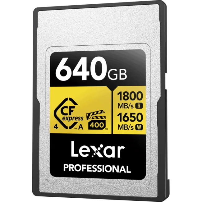 640GB CFexpress Type A card, 1800MB/s read, 1650MB/s write labels