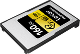 Angled view of 160GB CFexpress Type A card with CFexpress and 900 MB/s labels.