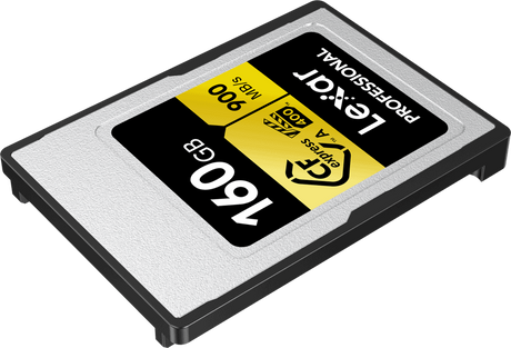 Angled view of 160GB CFexpress Type A card with CFexpress and 900 MB/s labels.