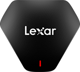 Cititor de carduri LEXAR 3-în-1, carcasă gri cu logo și semn roșu