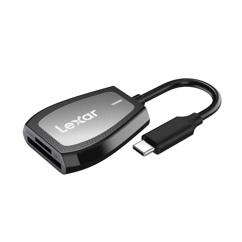 Cititor card Lexar cu sloturi SD și microSD, USB-C, corp negru și cablu