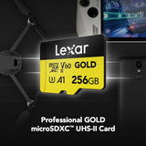 microSDXC Gold V60 UHS-II card with Lexar logo, 256GB, A1 and U3 marks