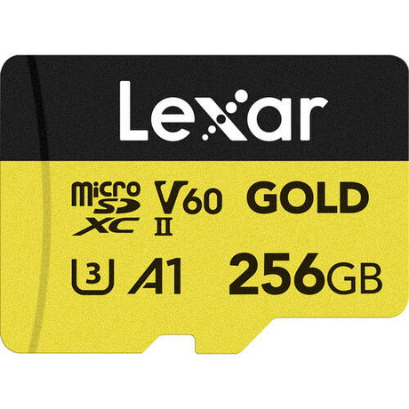 microSDXC Gold V60 UHS-II memory card with Lexar label, 256GB