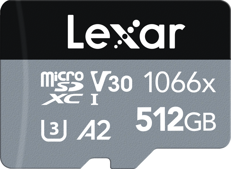 Silver Lexar microSDXC 512GB V30 1066x U3 A2 memory card