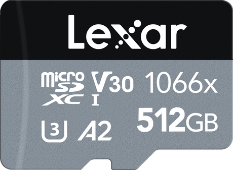 Silver Lexar microSDXC 512GB V30 1066x U3 A2 memory card