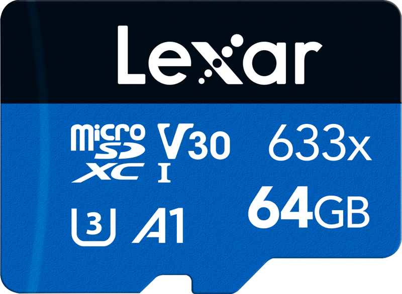 64GB microSDXC V30 633x memory card with speed and class markings