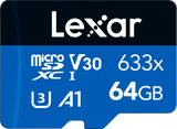 64GB microSDXC V30 633x memory card with speed and class markings