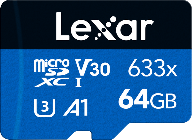 64GB microSDXC V30 633x memory card with speed and class markings