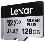 microSDXC Silver Plus, V30 U3 A2 128GB, front face with branding