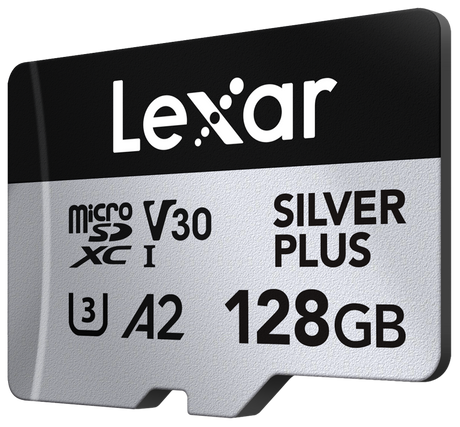 microSDXC Silver Plus, V30 U3 A2 128GB, front face with branding