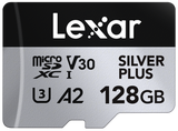 Silver microSDXC card, V30 U3 A2 128GB, microSD logo
