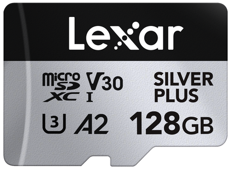 Silver microSDXC card, V30 U3 A2 128GB, microSD logo