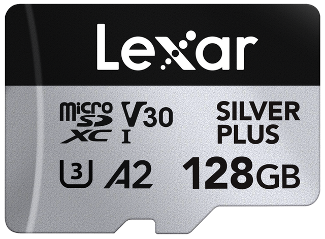 Silver microSDXC card, V30 U3 A2 128GB, microSD logo