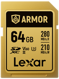Gold Lexar ARMOR SDXC UHS-II 64GB card with 280MB/s read and 210MB/s write