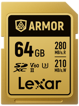 Gold Lexar ARMOR SDXC UHS-II 64GB card with 280MB/s read and 210MB/s write