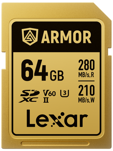 Gold Lexar ARMOR SDXC UHS-II 64GB card with 280MB/s read and 210MB/s write