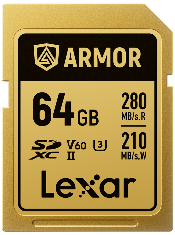 Gold Lexar ARMOR SDXC UHS-II 64GB card with 280MB/s read and 210MB/s write