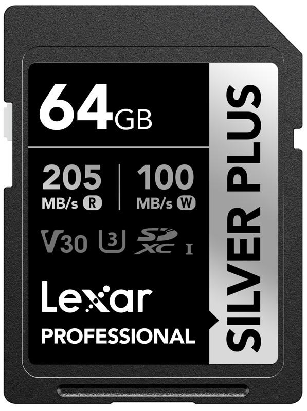 64GB SDXC UHS-I card showing 100MB/s write and V30 U3 rating, black