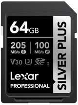 64GB SDXC UHS-I card showing 100MB/s write and V30 U3 rating, black