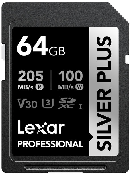 64GB SDXC UHS-I card showing 100MB/s write and V30 U3 rating, black