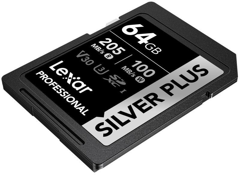Angled 64GB SD card labeled SILVER PLUS, UHS-I V30 U3, black