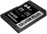 Angled 64GB SD card labeled SILVER PLUS, UHS-I V30 U3, black