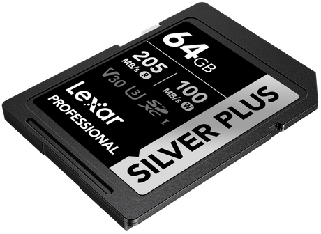 Angled 64GB SD card labeled SILVER PLUS, UHS-I V30 U3, black