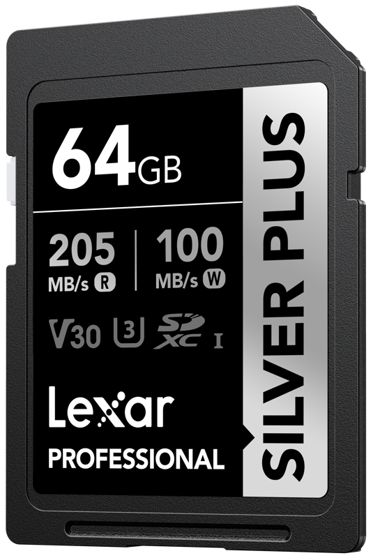 64GB SDXC UHS-I memory card, 205MB/s read, V30 U3, black label front
