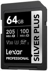 64GB SDXC UHS-I memory card, 205MB/s read, V30 U3, black label front