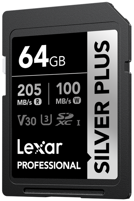 64GB SDXC UHS-I memory card, 205MB/s read, V30 U3, black label front