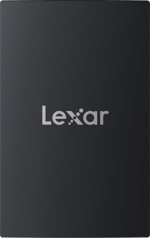 Black portable SSD close-up showing Lexar logo on matte surface
