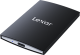 Black portable SSD with USB-C port and small status light on silver edge