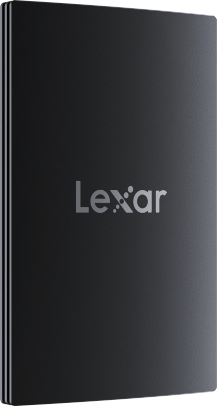 Black Lexar portable SSD with Lexar logo on top surface