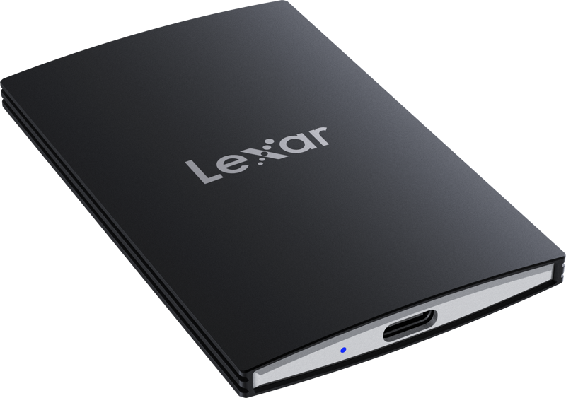 Portable SSD enclosure with USB-C port and LED, dark finish