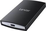 Dark gray SSD enclosure, slim profile with textured ribbed sides and USB-C port
