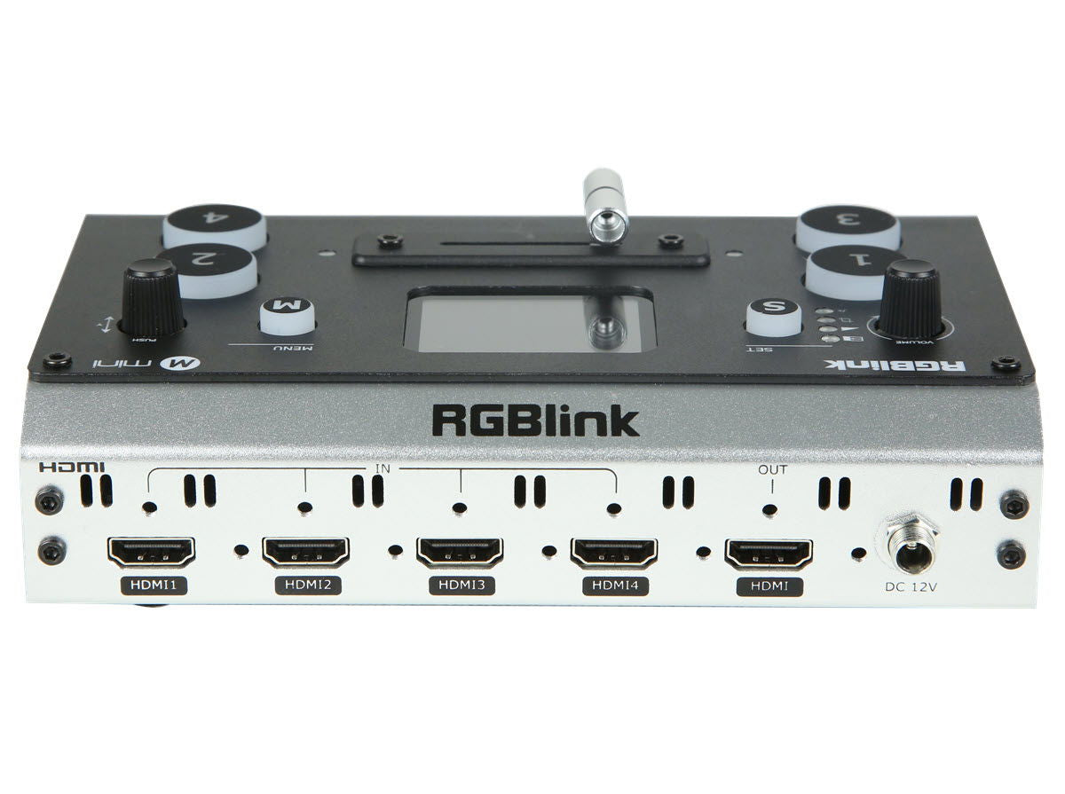 Mini video mixer rear panel with HDMI inputs and DC 12V power connection