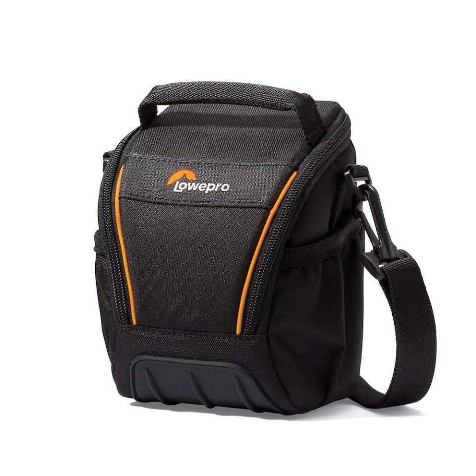 Side view black photo shoulder bag with orange accents, top carry handle, and shoulder strap