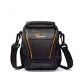 Black photo shoulder bag with orange trim, front zipper, and adjustable shoulder strap