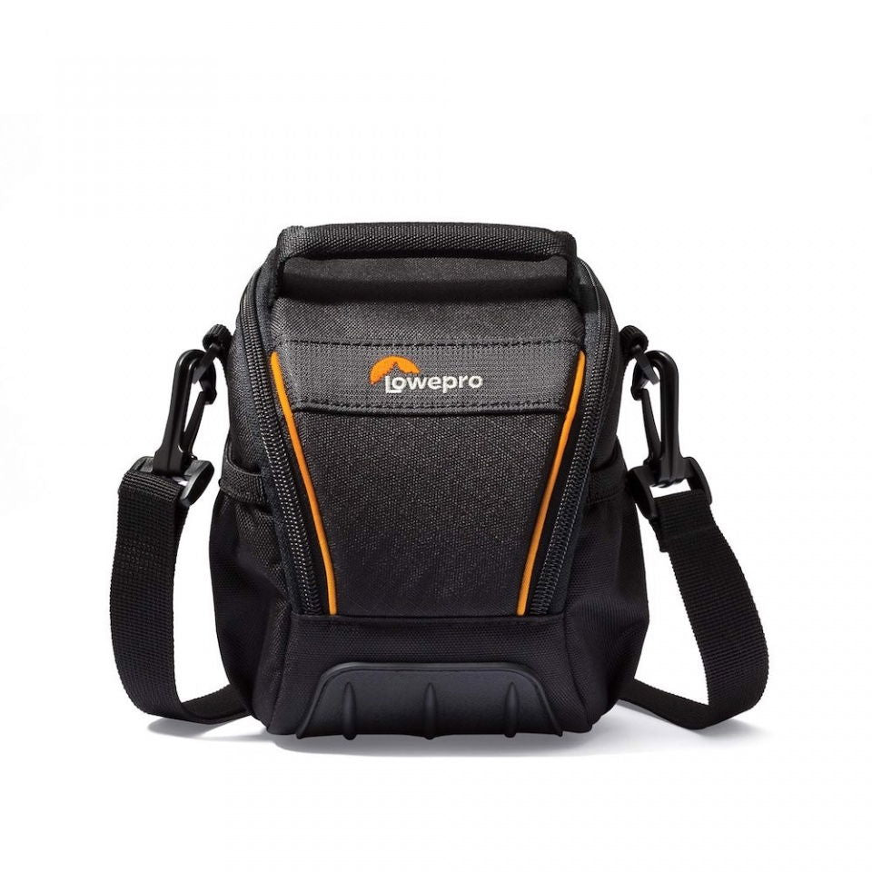 Black photo shoulder bag with orange trim, front zipper, and adjustable shoulder strap