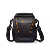Black photo shoulder bag with orange trim, front zipper, and adjustable shoulder strap