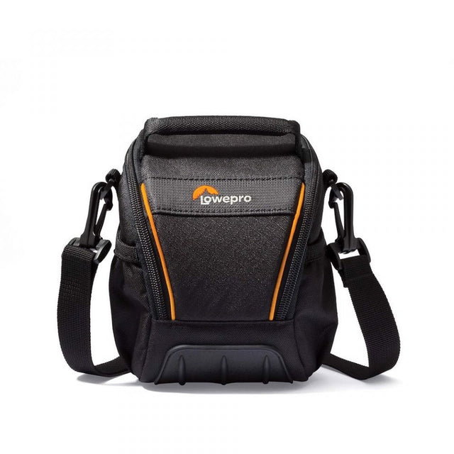 Black photo shoulder bag with orange trim, front zipper, and adjustable shoulder strap