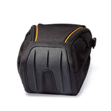 Rear view black camera bag with molded protective panel, orange stitching, and side handle