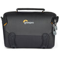 Black camera shoulder bag with top handle, front logo, and padded side supports