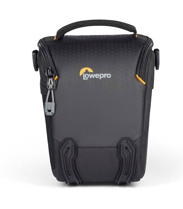 Black camera bag with top handle, front Lowepro logo, zip front and padded corner guards