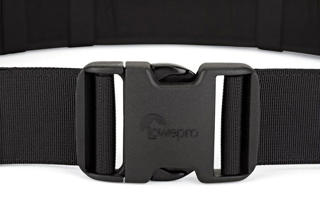 Front view of black plastic buckle on utility belt
