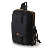 Black pouch case with orange-trim zipper and side carry loop, cords attached