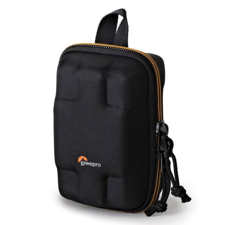 Black pouch case with orange-trim zipper and side carry loop, cords attached